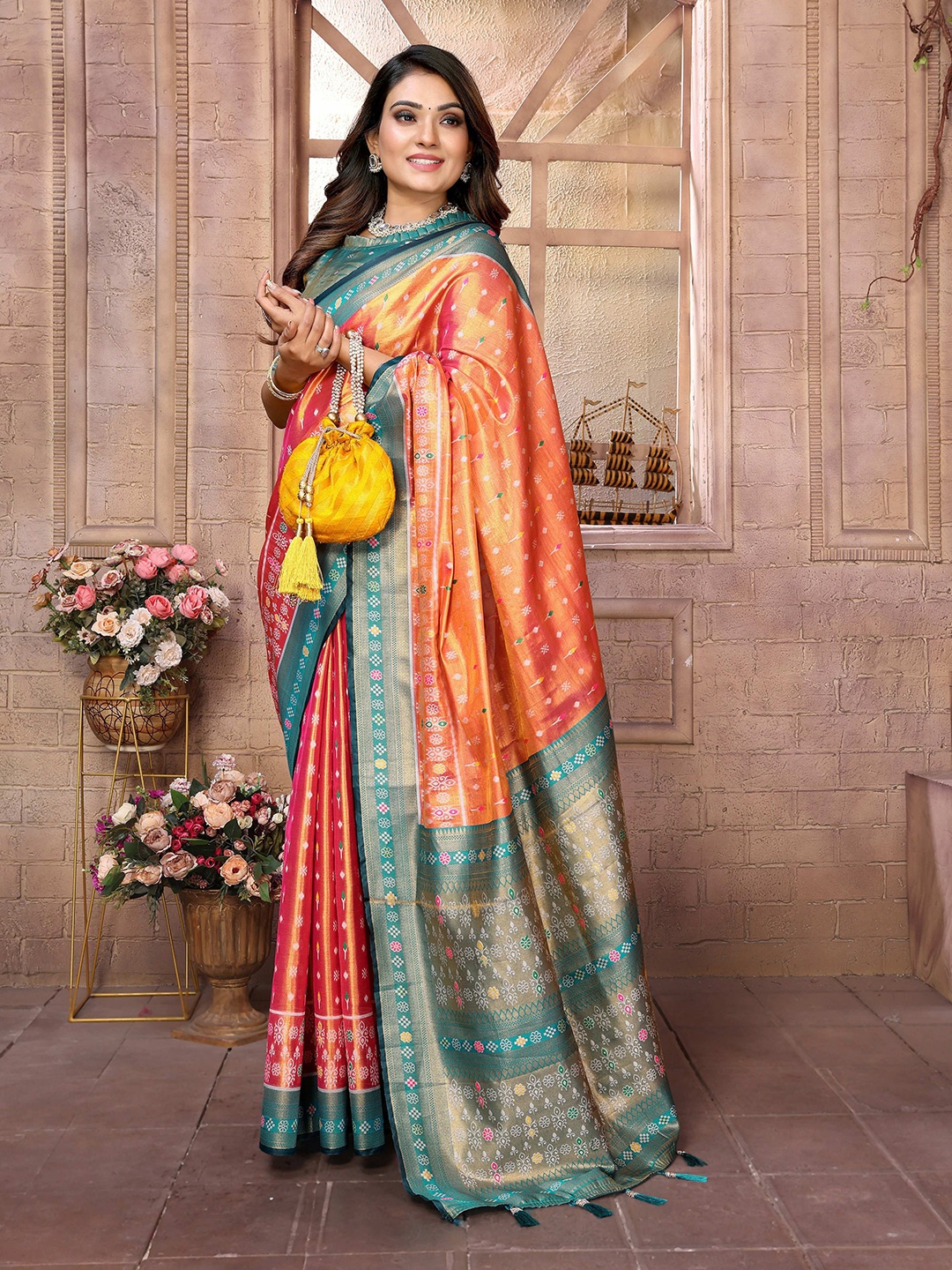 

Vintro Woven Design Zari Tissue Patola Saree, Orange