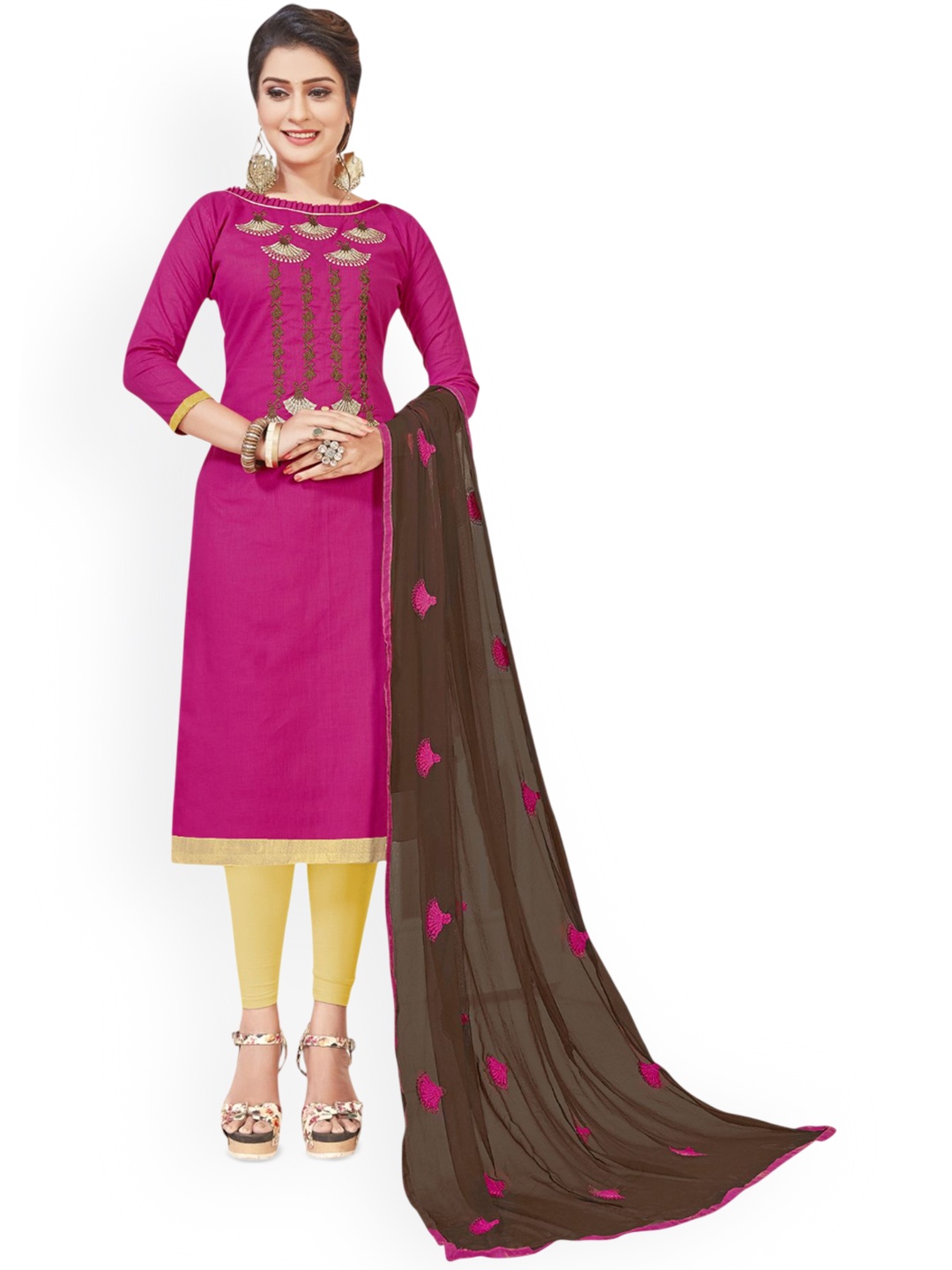 

HERE&NOW Floral Embroidered Unstitched Dress Material, Pink