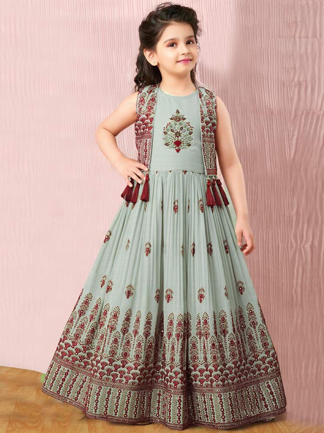 

Wommaniya Impex Girls Embroidered Georgette Fit & Flare Maxi Dress, Green