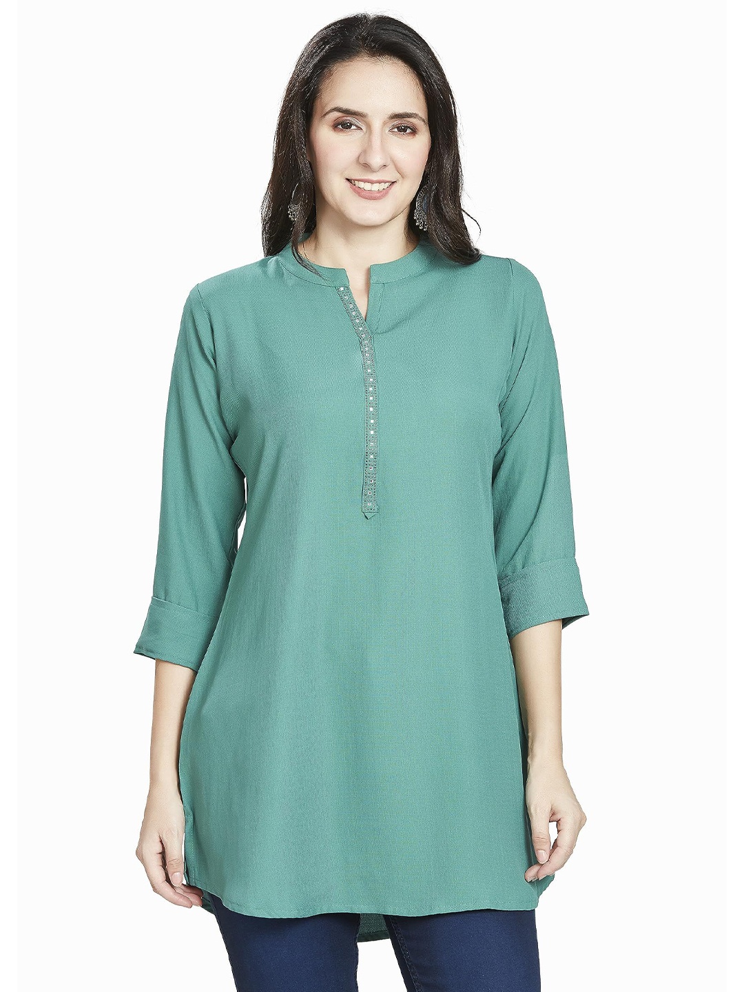 

Nioni Mandarin Collar Embellished Tunic, Sea green