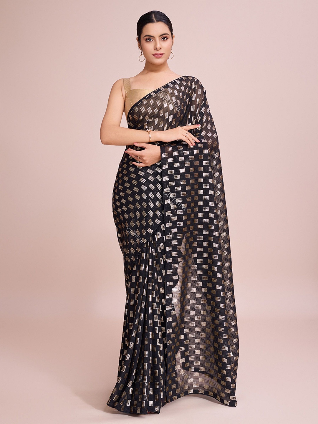 

FashionsEye Embellished Sequinned Pure Georgette Saree, Black