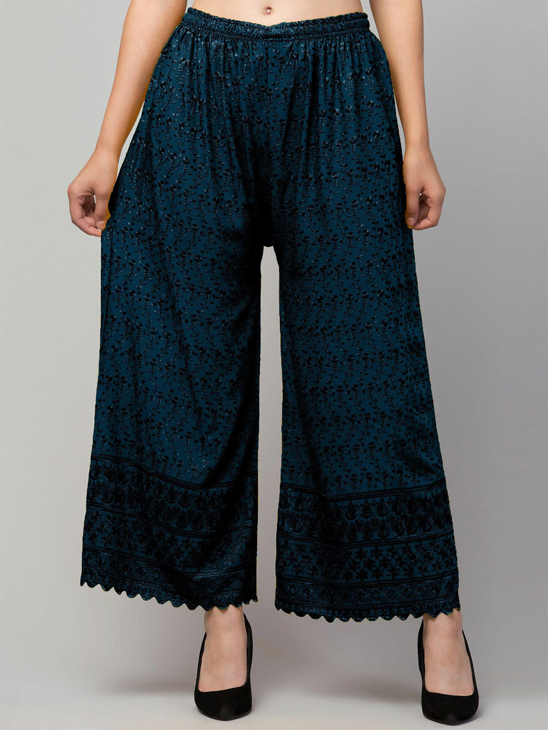 

FAMBEE Women Floral Embroidered Flared Knitted Palazzos, Blue