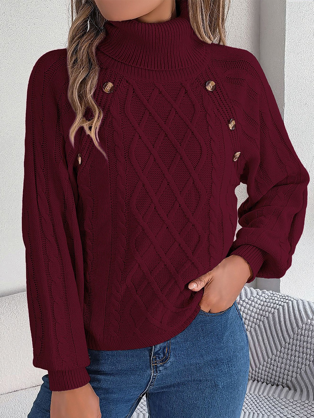 

StyleCast x Revolte Women Cable Knit Pullover, Maroon