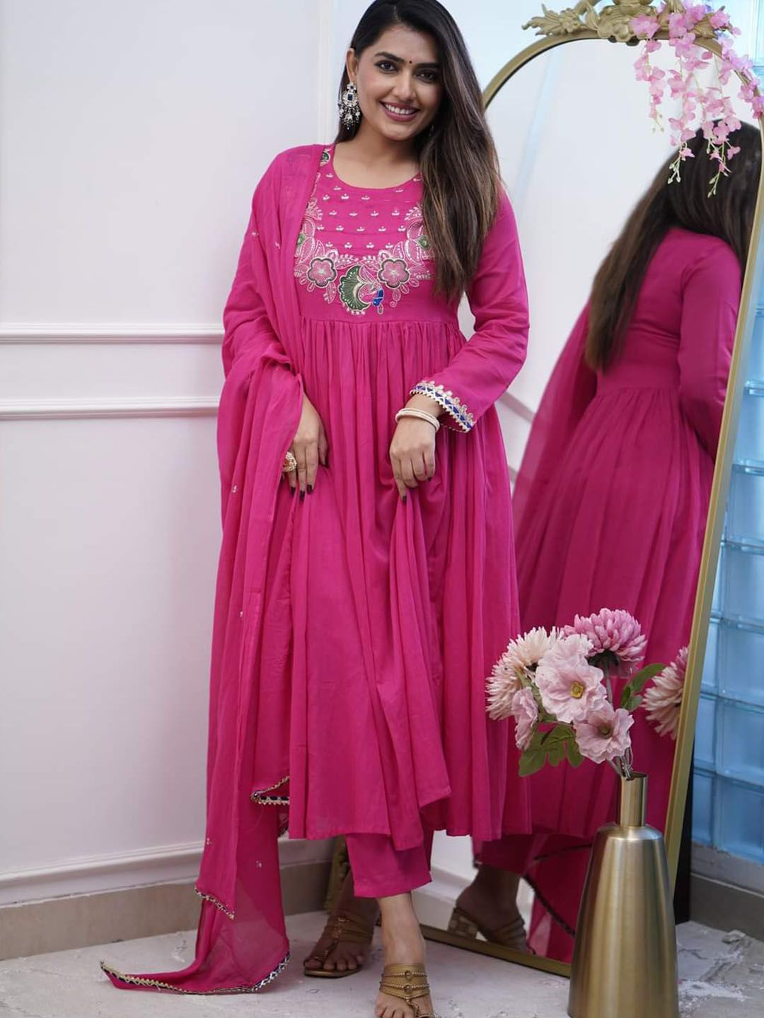 

KALINI Floral Embroidered Thread Work Pleated A-Line Kurta With Trousers & Dupatta, Pink