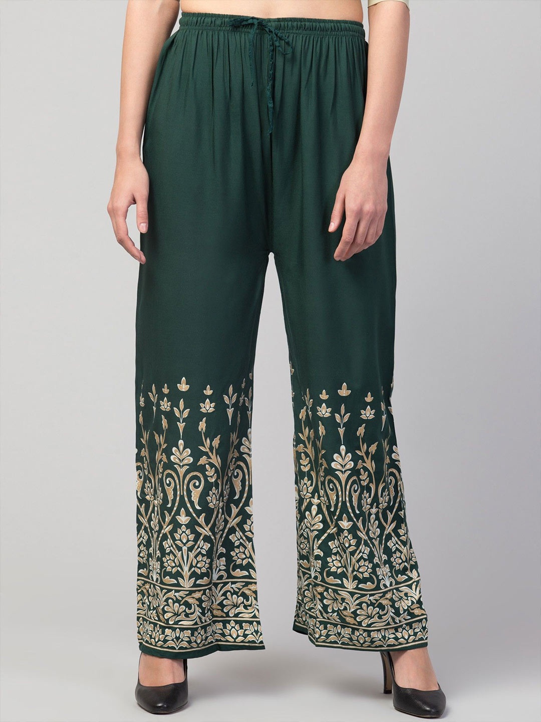 

FAMBEE Women Floral Printed Flared Knitted Palazzos, Green