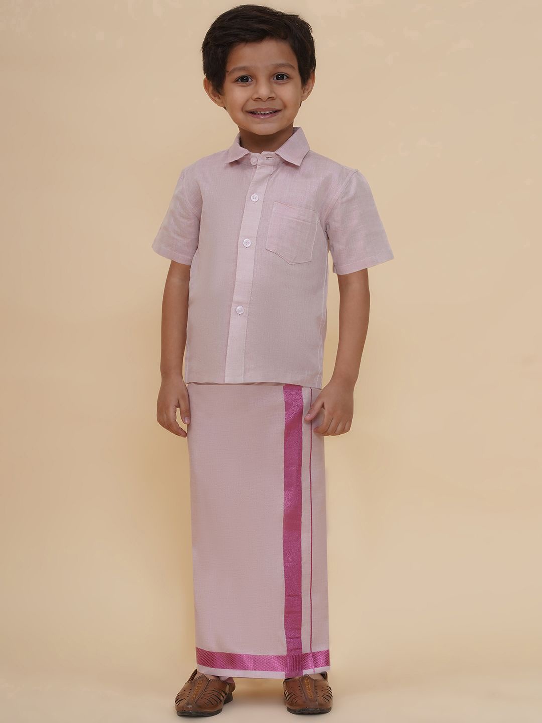 

Sethukrishna Boys Short Sleeves Tissue Shirt With Veshti, Pink