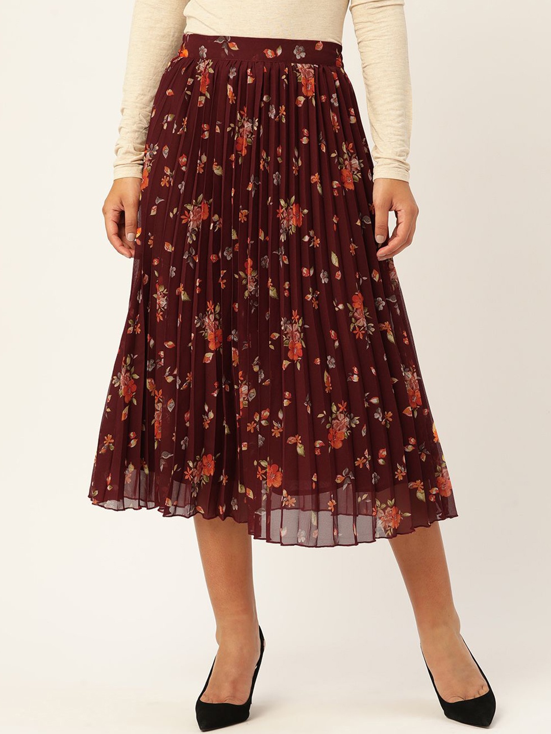 

Moda Rapido Printed Pleated Flared Midi Skirt, Maroon