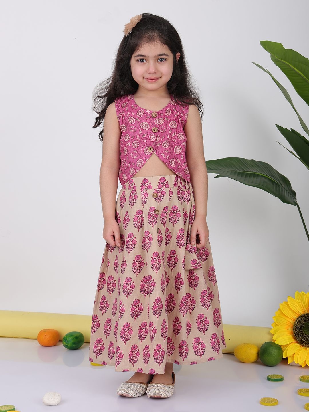 

Sangria Girls Floral Printed Pure Cotton Lehenga With Top, Pink