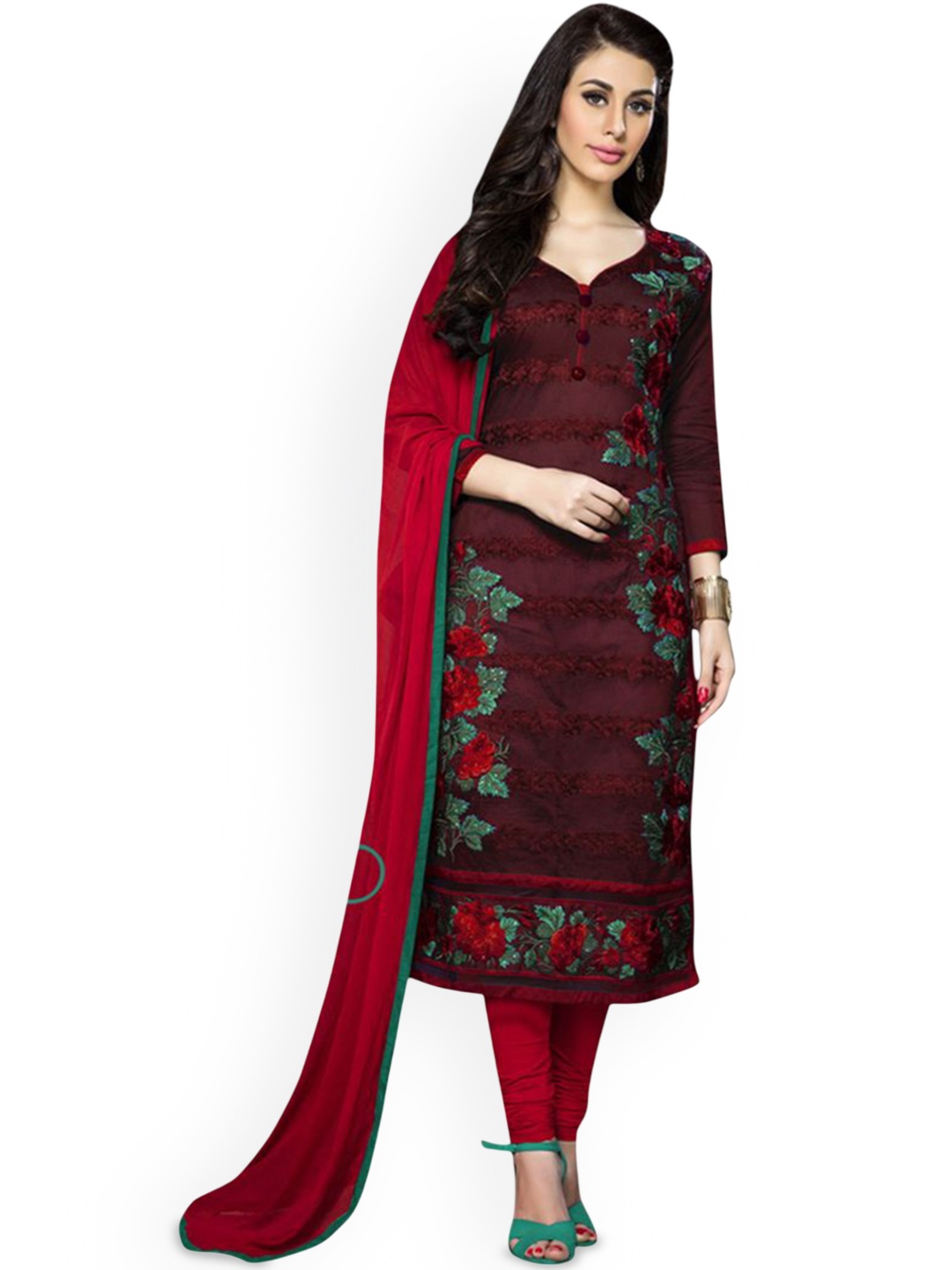 

HERE&NOW Floral Embroidered Embellished Cotton Unstitched Dress Material, Maroon