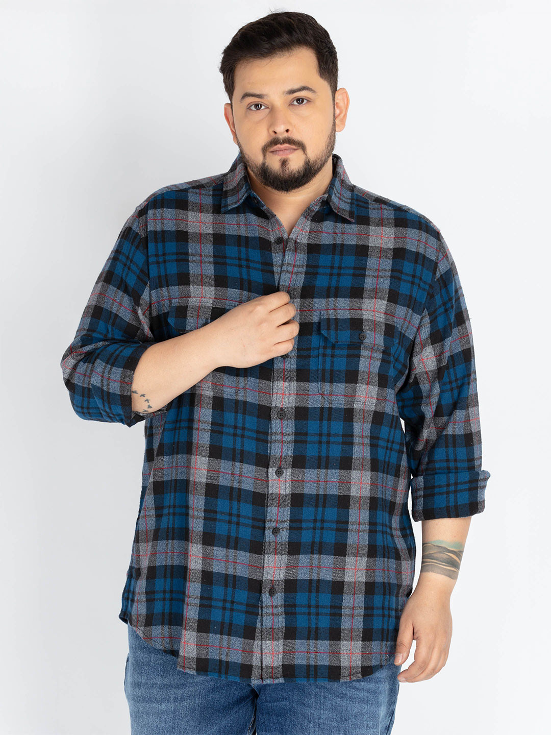 

UNSIZED Men Plus Size Comfort Oversized Fit Tartan Checked Cotton Casual Shirt, Blue