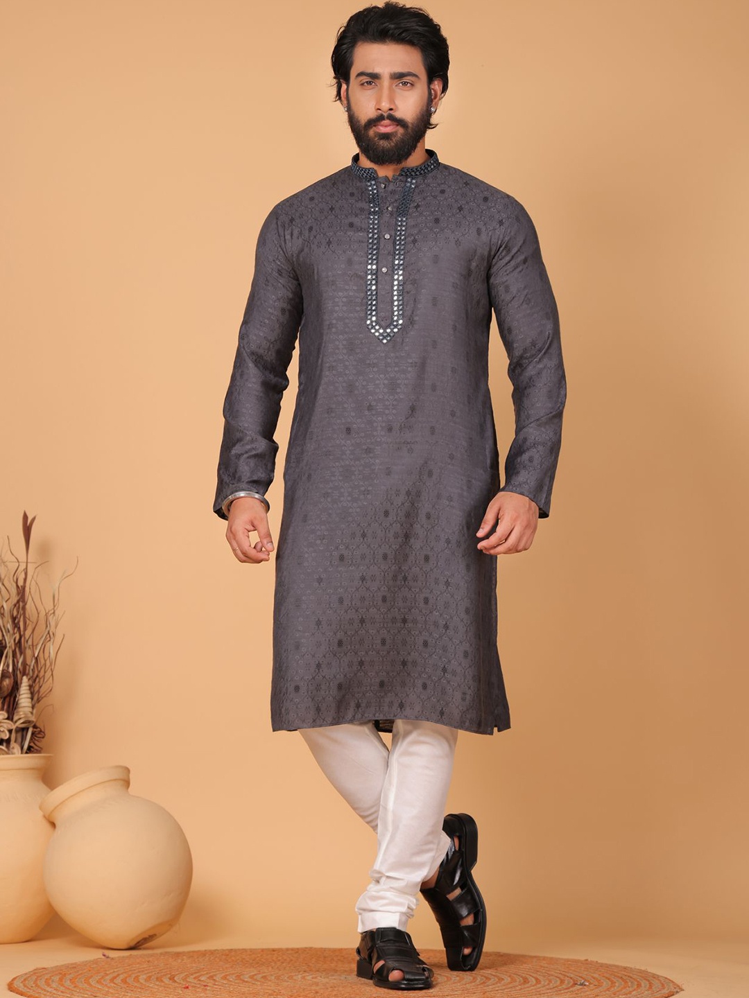 

KHAAS Ethnic Motifs Woven Design Mandarin Collar Mirror Work Pure Cotton Straight Kurta, Grey
