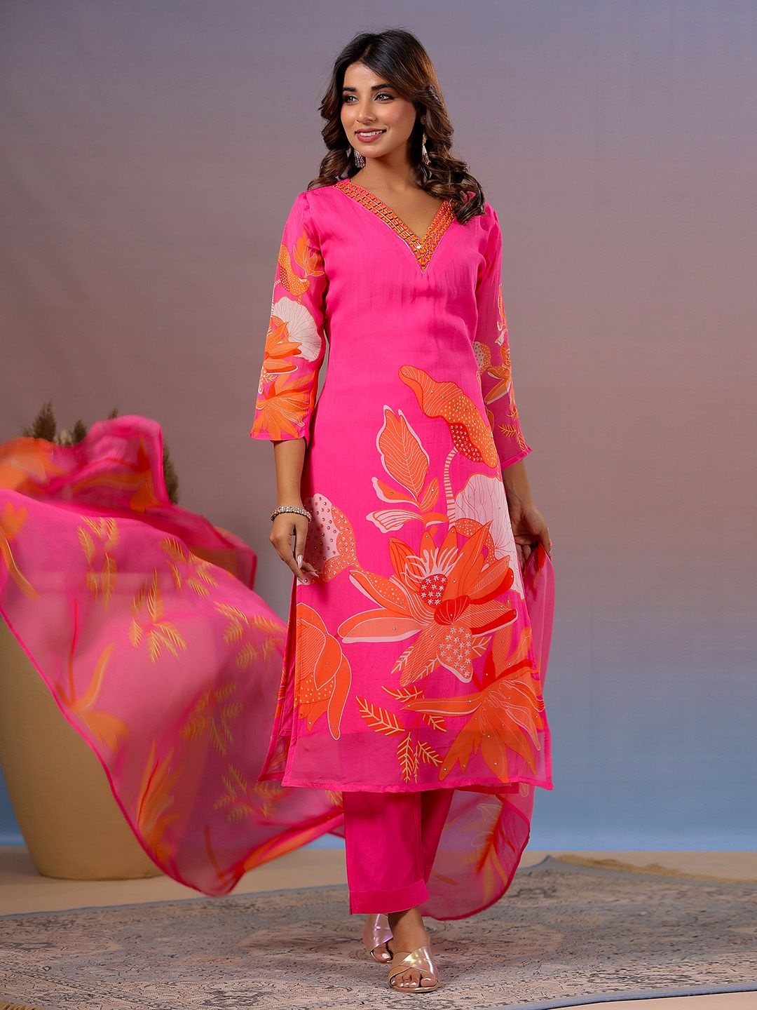 

Meena Bazaar Floral Printed V-Neck Mirror Work Straight Kurta With Trouser And Dupatta, Pink