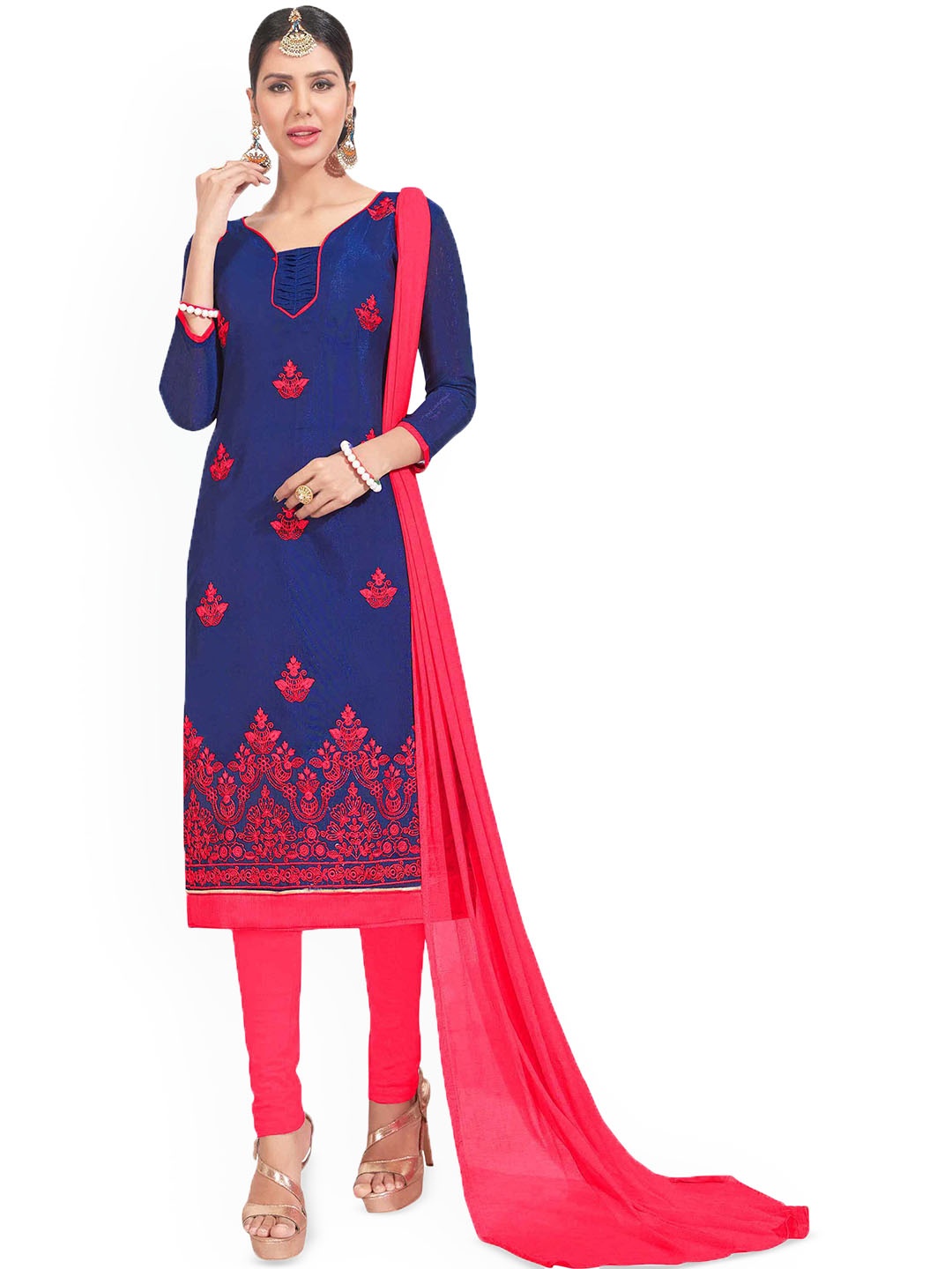 

HERE&NOW Floral Embroidered Chanderi Cotton Unstitched Dress Material, Blue