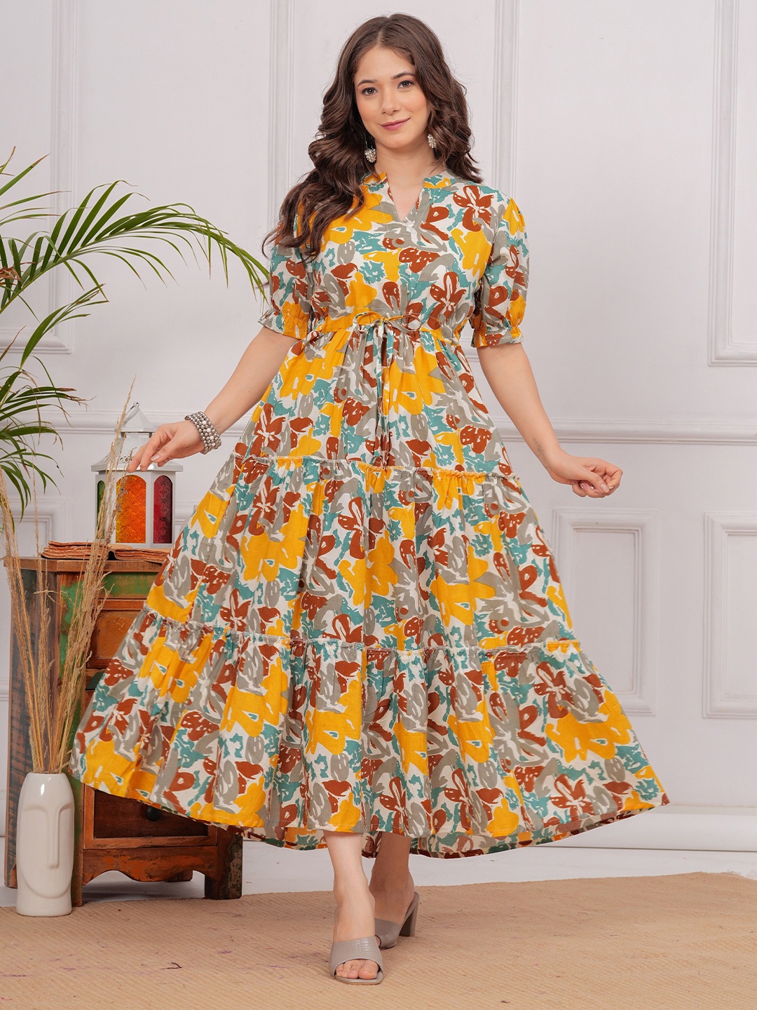 

Twirl Tales Cotton Printed Puff Sleeve Maxi Dress, Yellow
