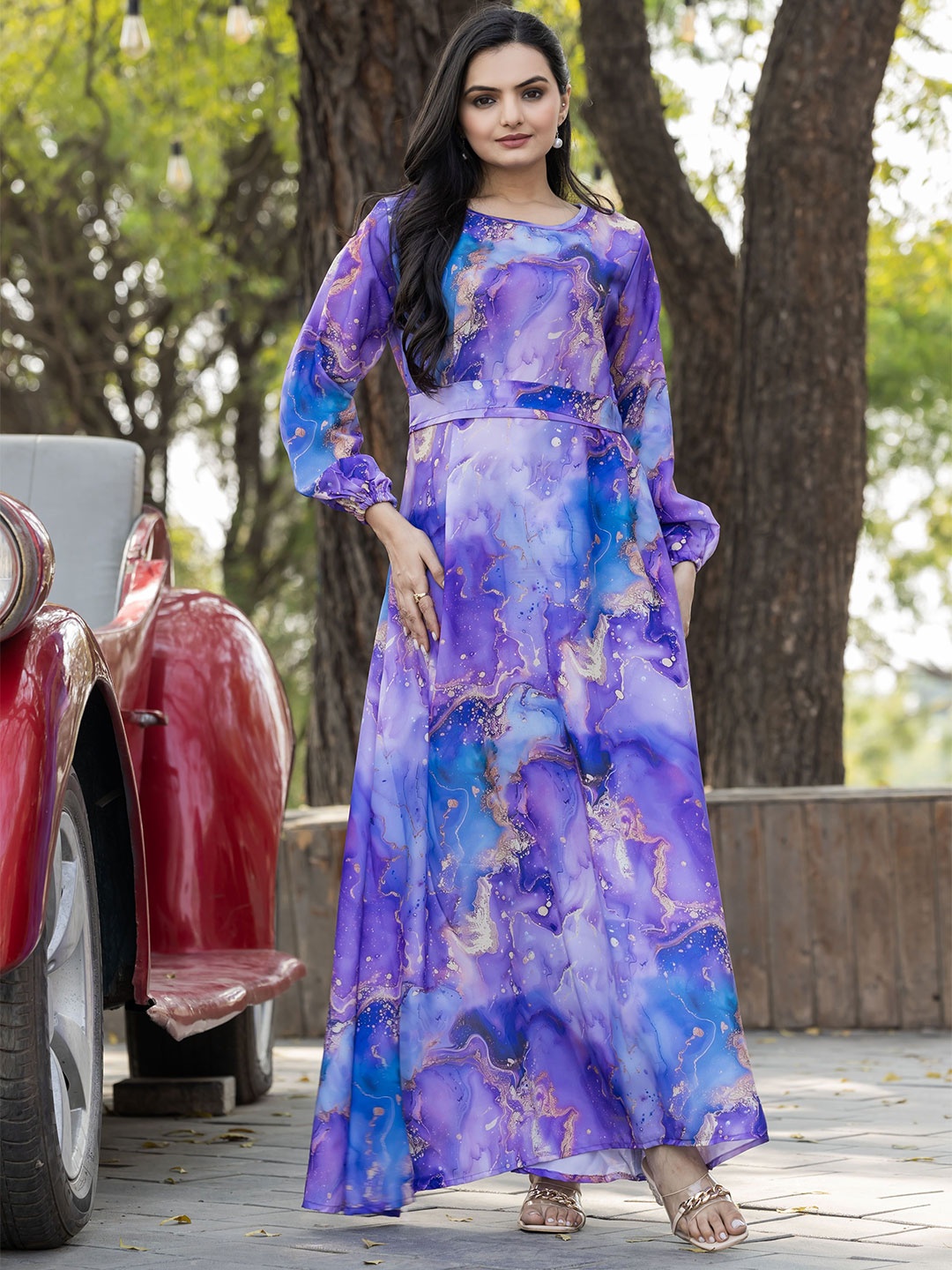 

SARINKU Print Puff Sleeve Maxi Dress, Purple