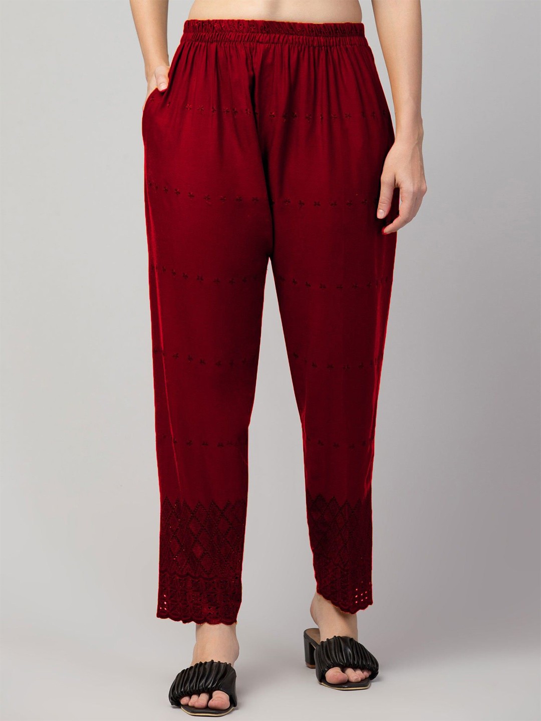 

FAMBEE Women Straight Knitted Palazzos, Maroon