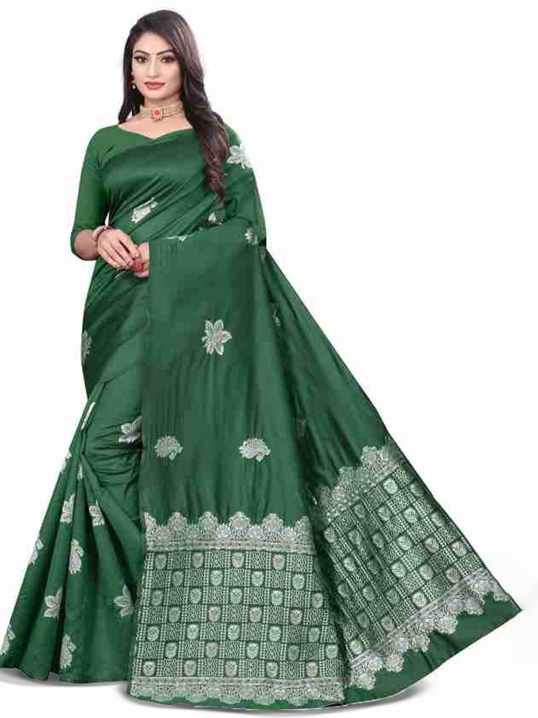 

Manu Designer Ethnic Motifs Woven Design Zari Saree, Green