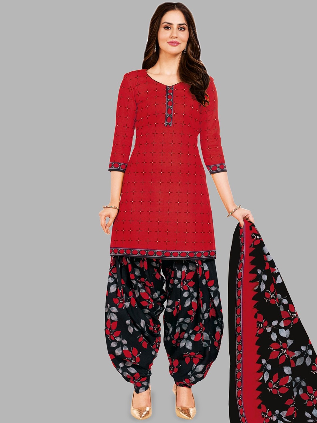 

shree jeenmata Floral Printed Pure Cotton Unstitched Dress Material, Red