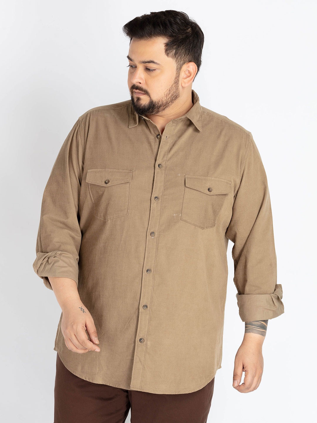 

UNSIZED Men Plus Size Comfort Oversized Fit Spread Collar Solid Corduroy Casual Shirt, Khaki