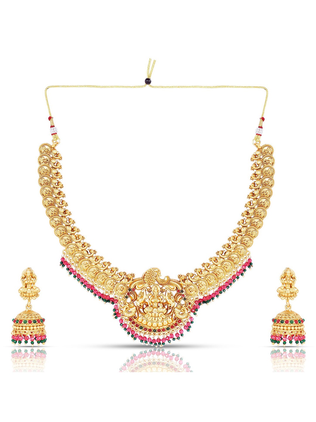 

JANAVI Gold-Plated Artificial Stone-Studded And Beaded Temple Jewellery Set