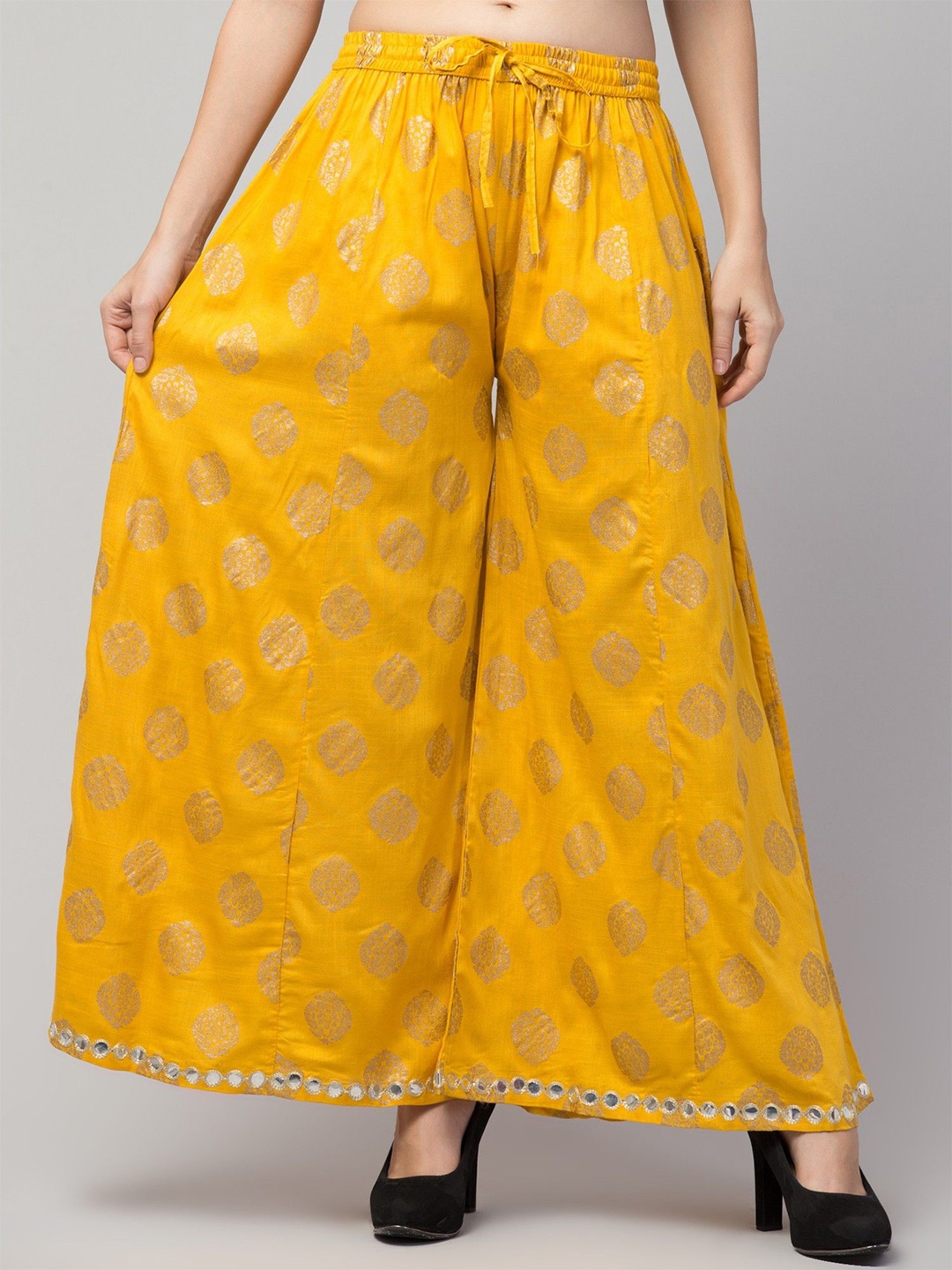 

FAMBEE Women Floral Printed Flared Knitted Palazzos, Yellow
