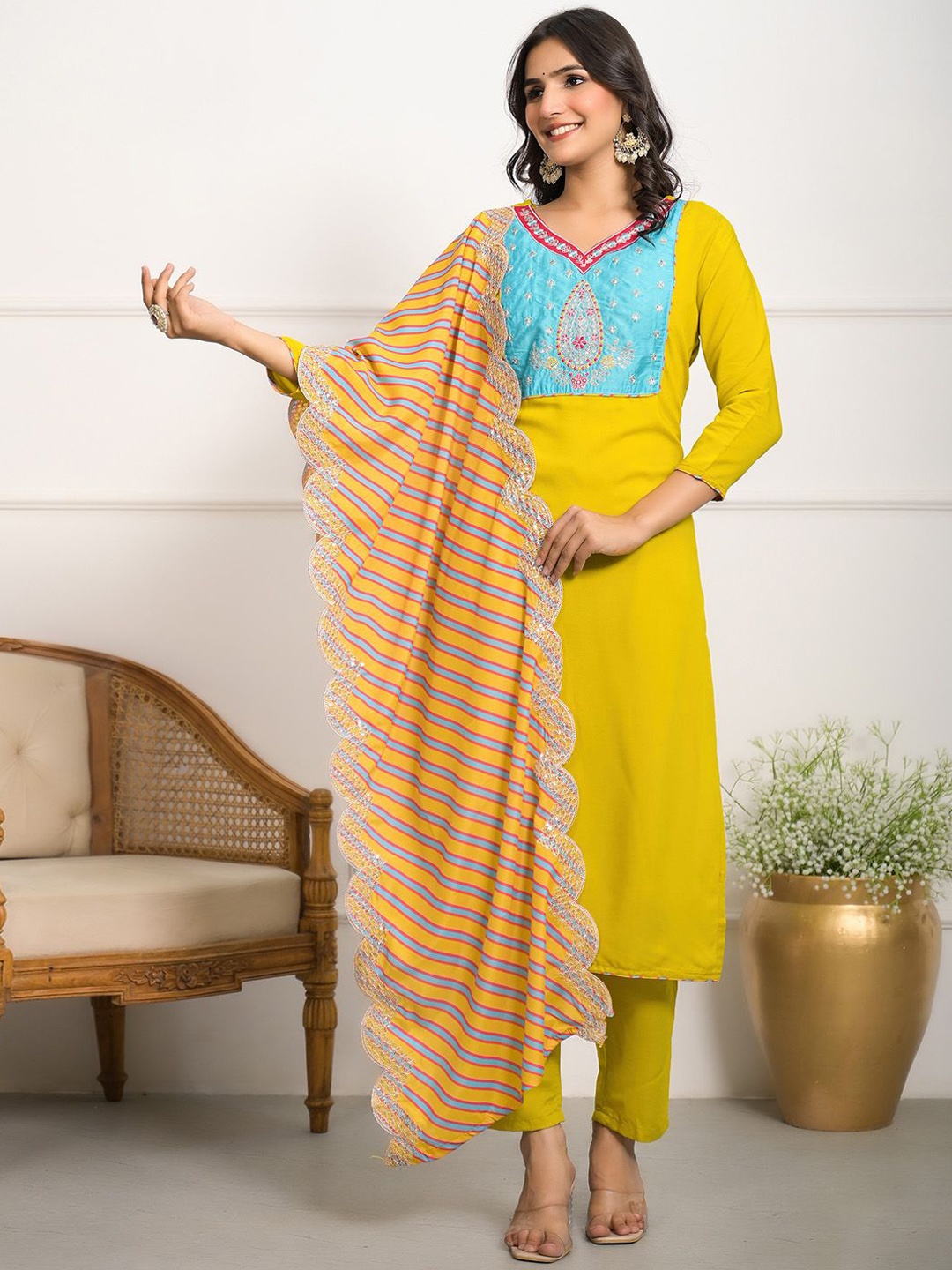 

Meena Bazaar Floral Embroidered V-Neck Sequinned Straight Kurta With Trouser & Dupatta, Mustard