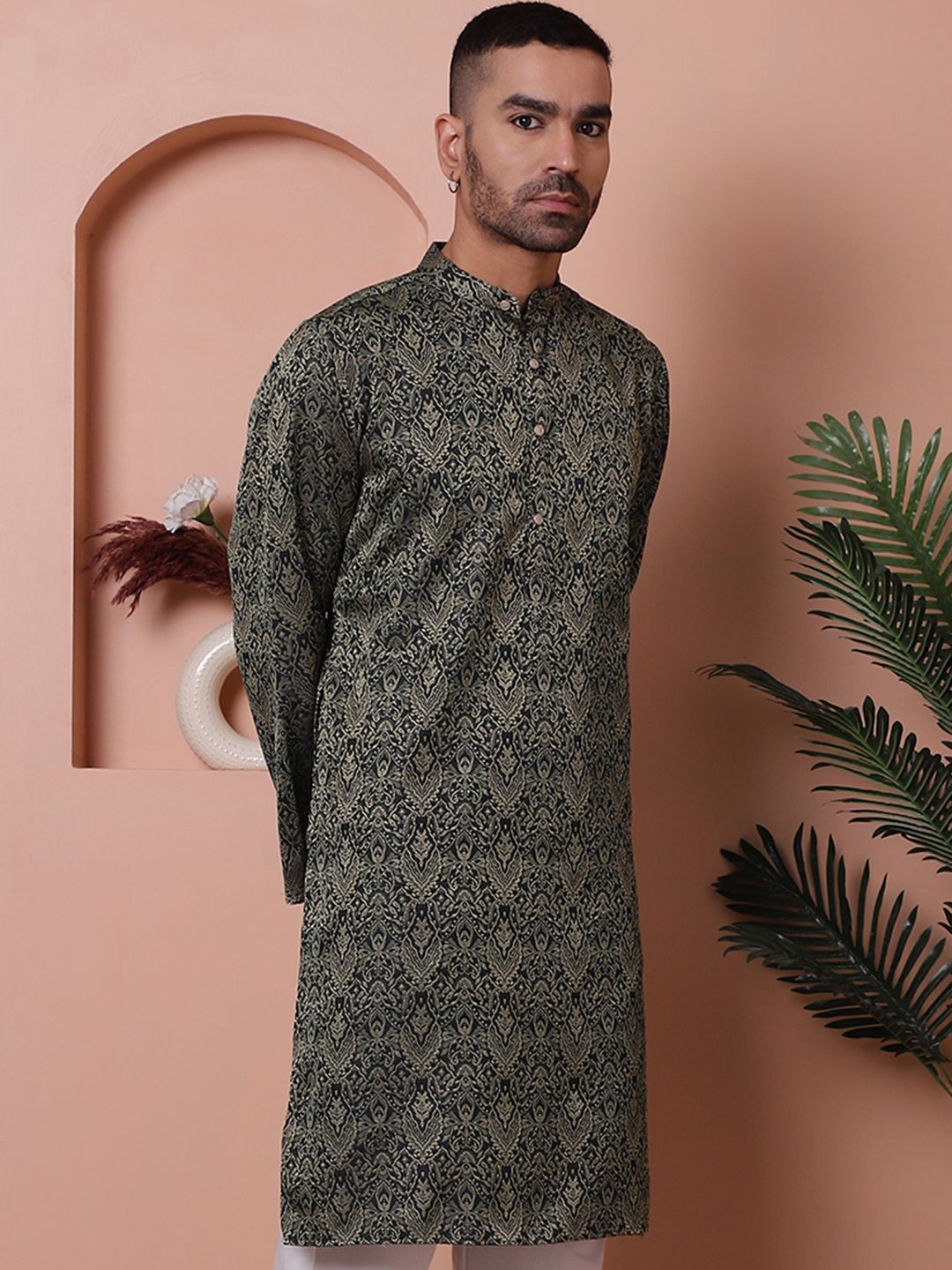 

Anouk Black & Beige Ethnic Motifs Woven Design Band Collar Jacquard Straight Kurta
