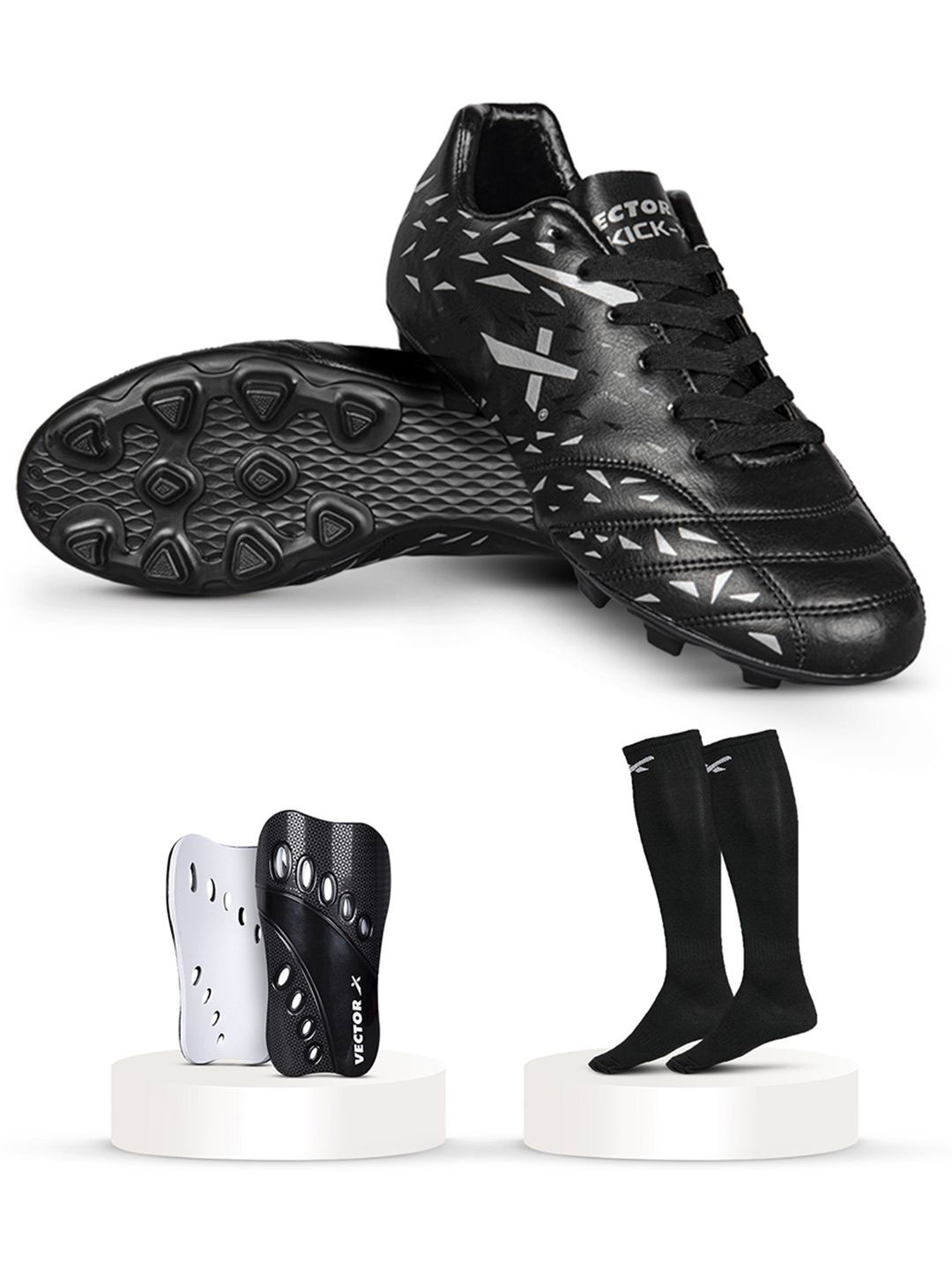 

VECTOR X Men Non-Marking Sports Shoes With Shin Guards & Stocking, Black