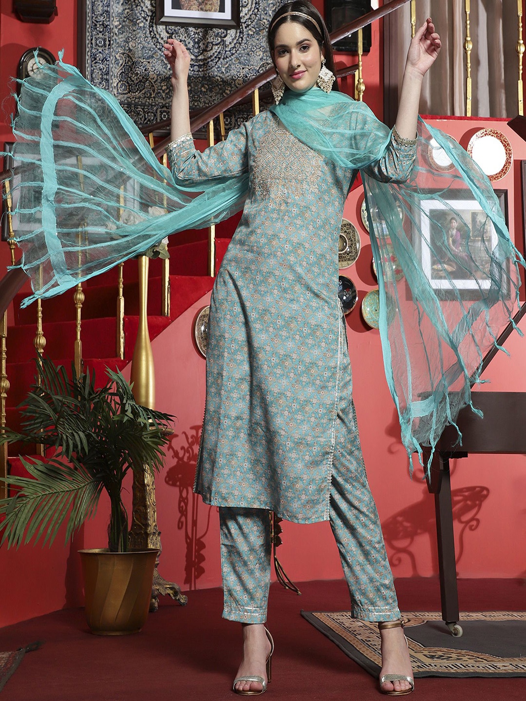 

Sangria Turquoise Blue Ethnic Motifs Printed Straight Kurta With Trousers And Dupatta