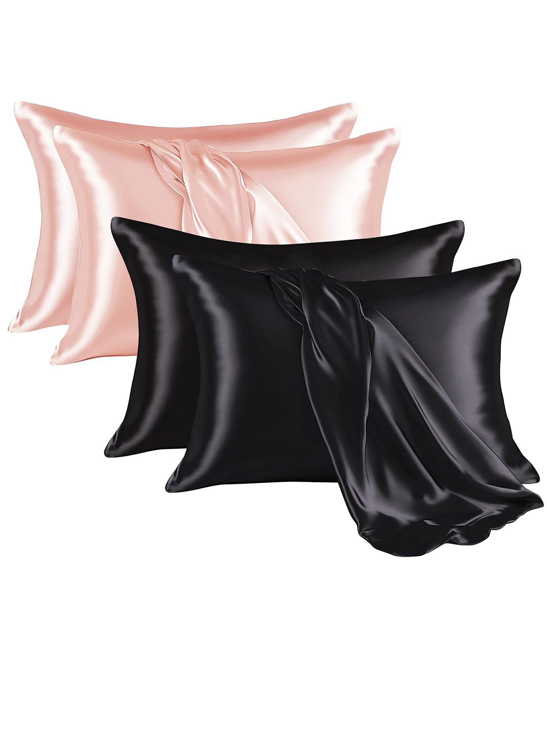 

Kuber Industries 4 Pieces Solid Pure Silk Rectangle Pillow Covers with 3 Scrunchies, Black