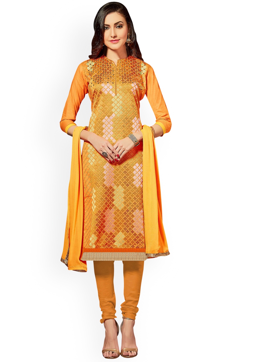 

HERE&NOW Geometric Embroidered Mirror Work Unstitched Dress Material, Yellow