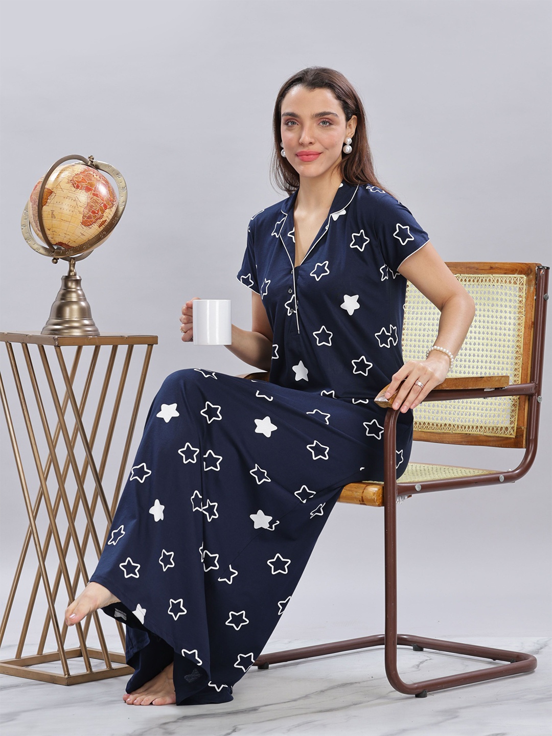 

9shines Label Printed Maxi Nightdress, Navy blue