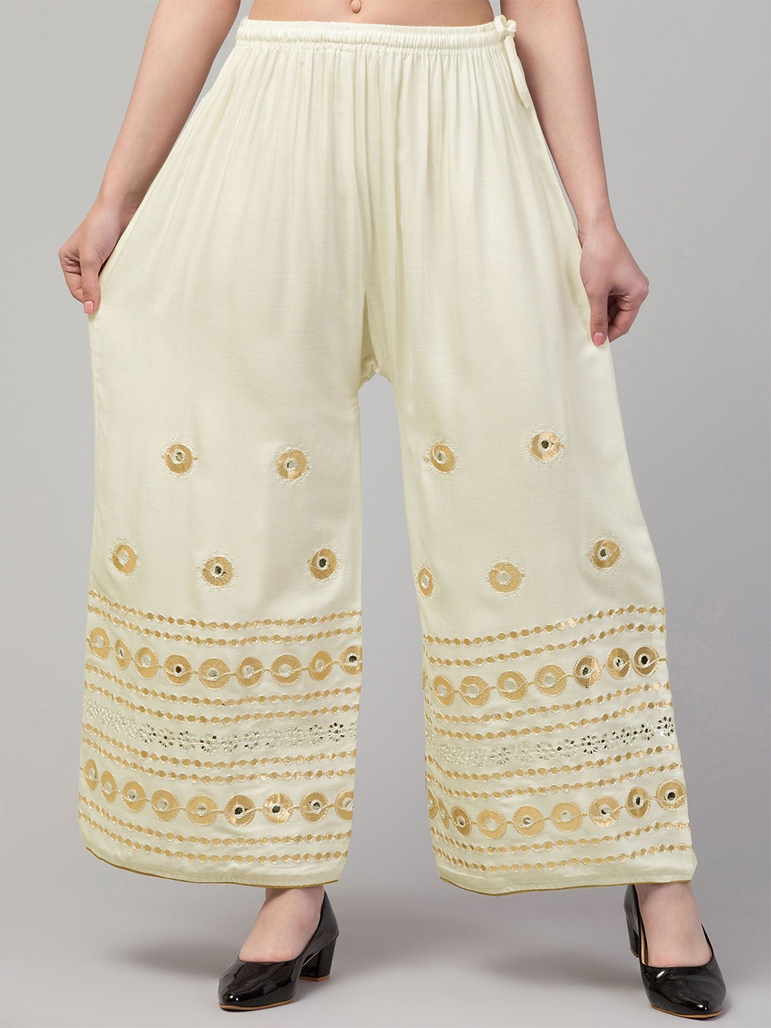 

FAMBEE Women Ethnic Motifs Flared Knitted Palazzos, Cream