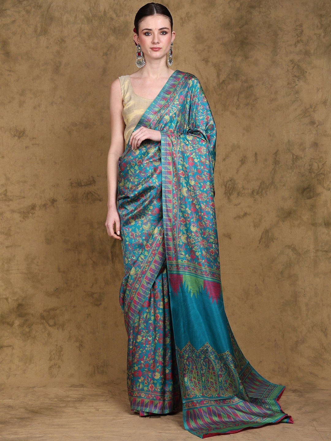 

Exotic India Kani Saree with Printed Multicolor Floral Paisley Vines, Blue