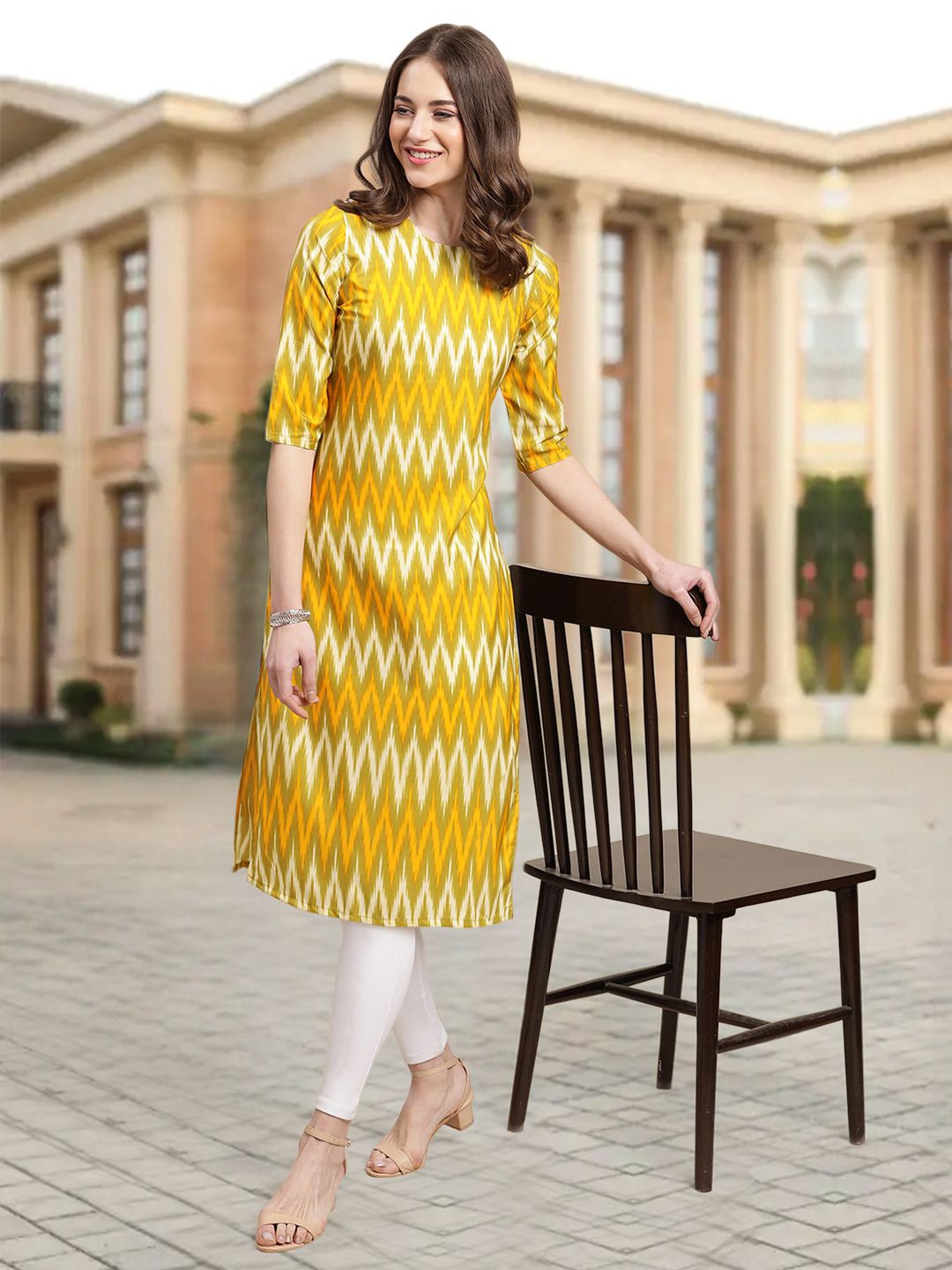 

7Threads Chevron Printed Round Neck Straight Kurta, Yellow