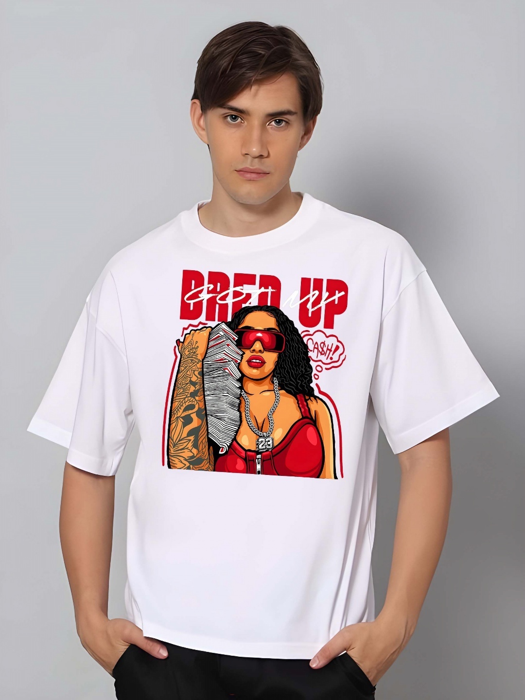 

Krimmple Men Graphic Printed Round Neck Cotton Oversized T-shirt, White
