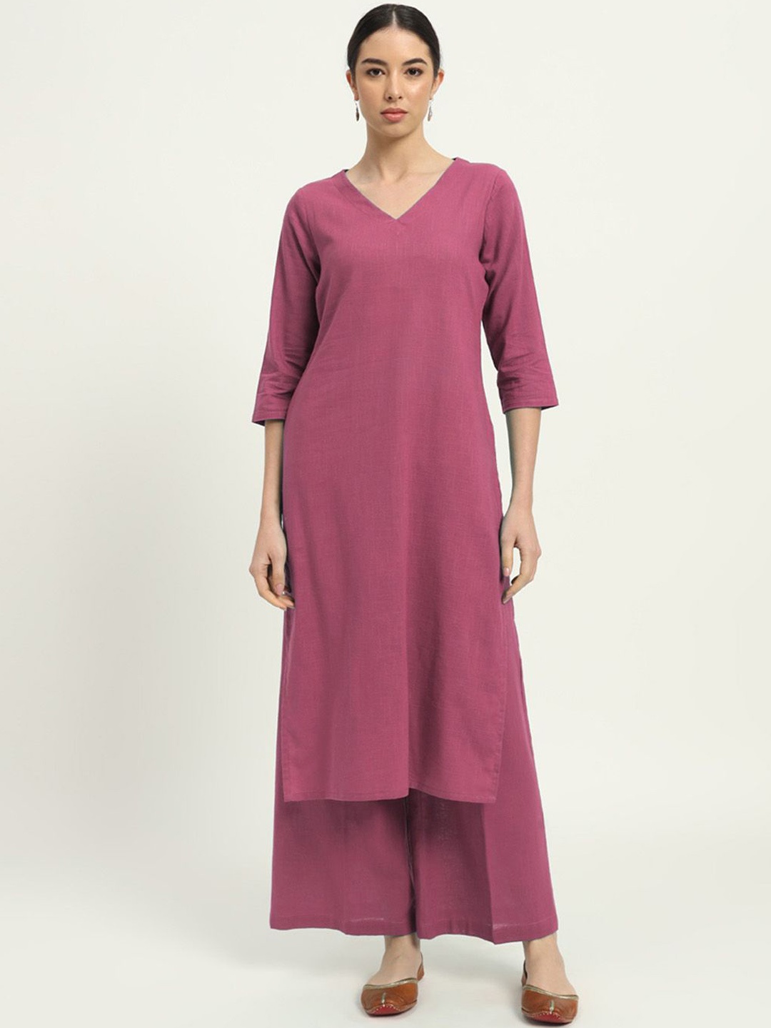 

Thevasa Verve and Versality V-Neck Pure Cotton Tunic With Palazzo, Pink