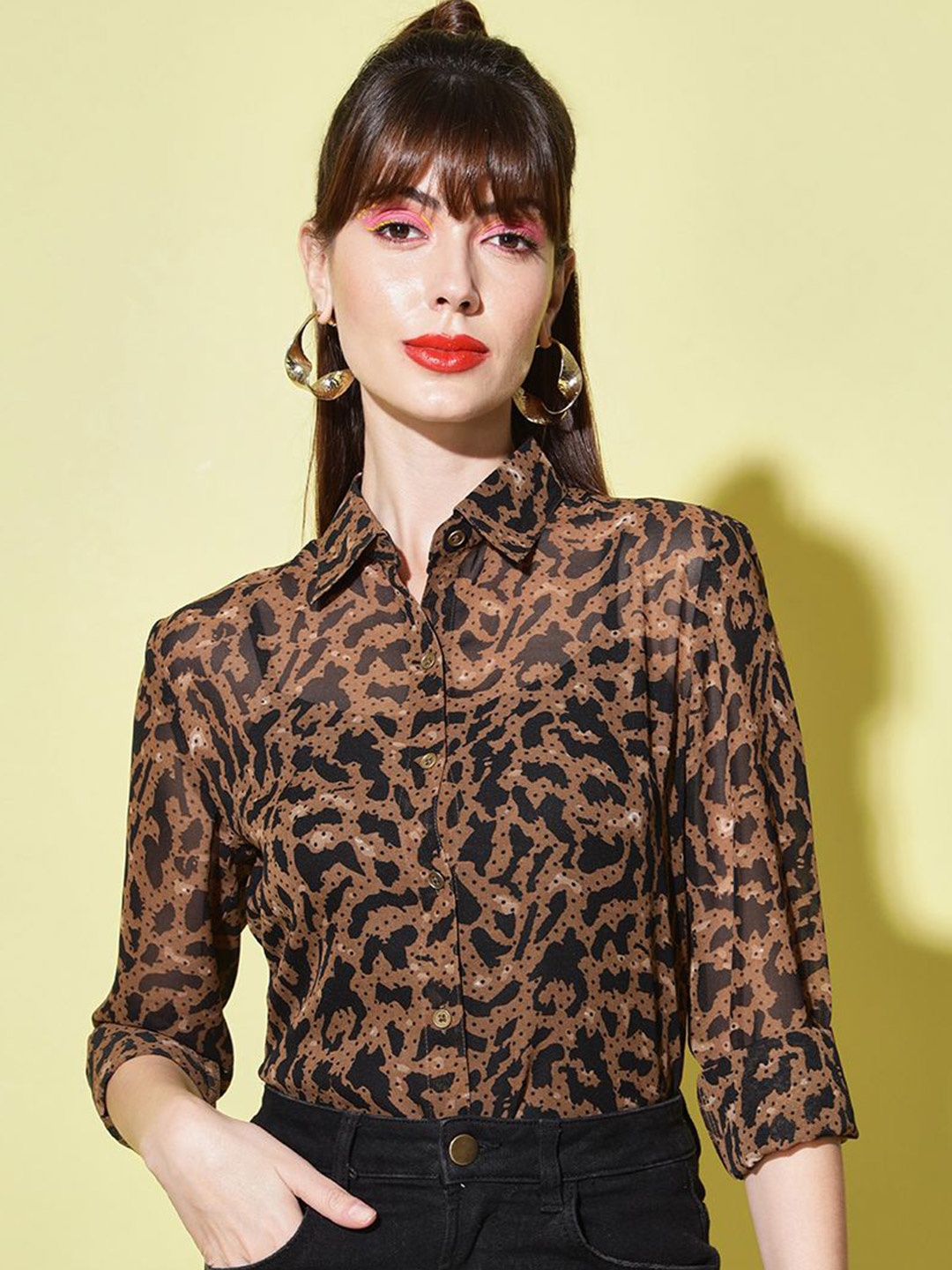 

Moda Rapido Women Animal Opaque Printed Casual Shirt, Brown