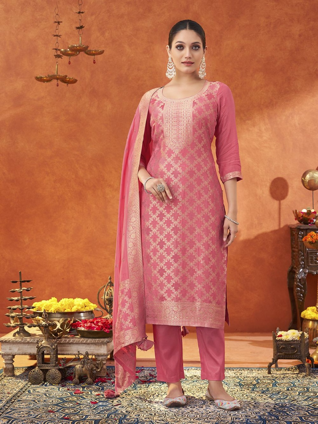 

Shaily Woven Design Jacquard Straight Kurta with Trouser & Dupatta, Pink