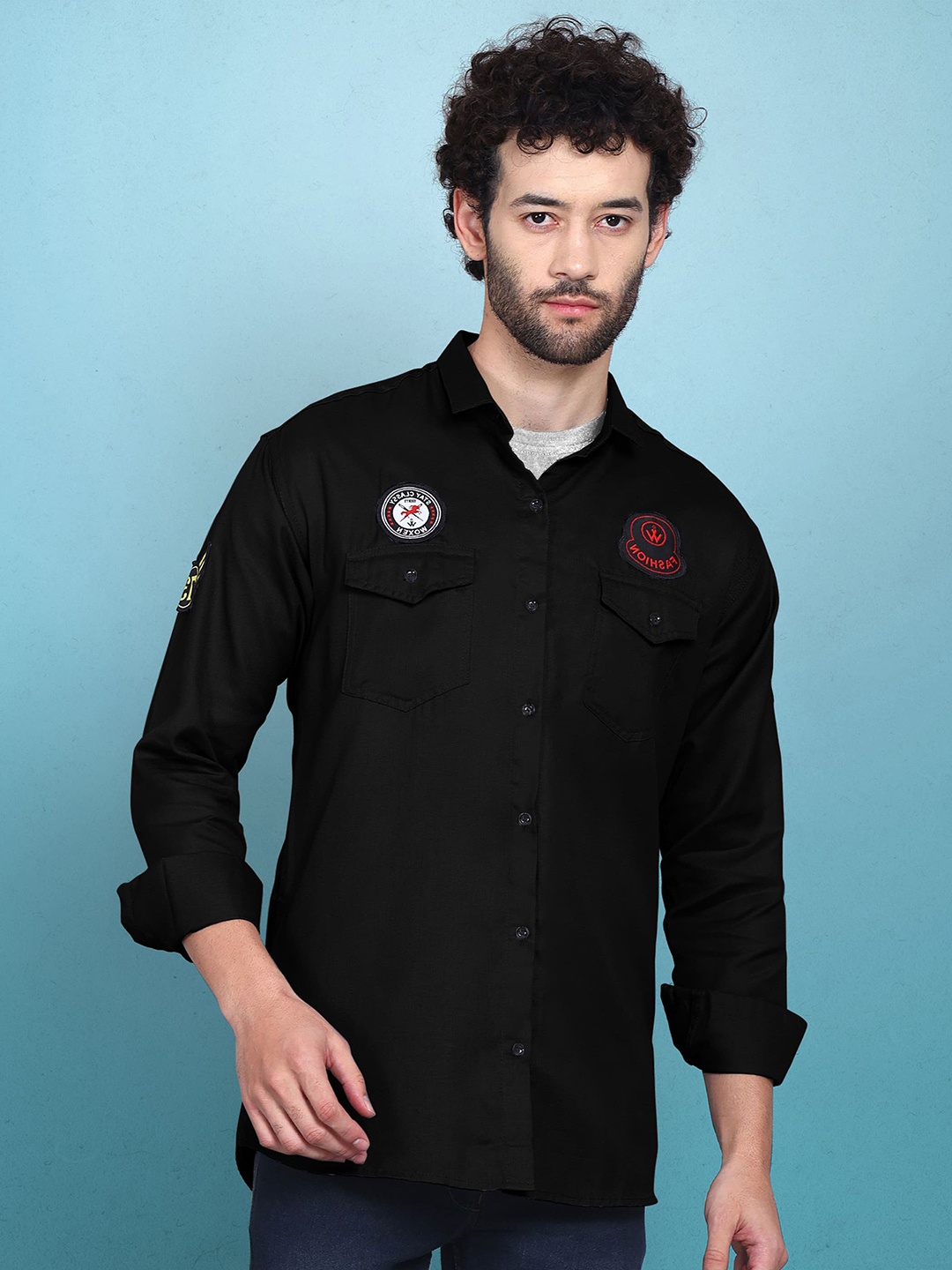 

WOXEN Men Original Fit Spread Collar Solid Cotton Casual Shirt, Black