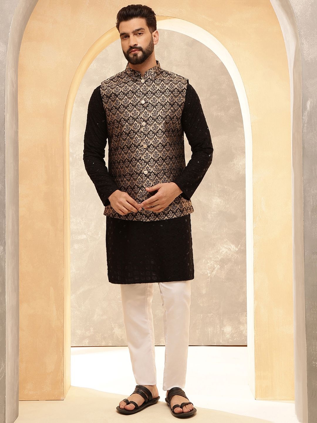 

Anouk Black Embroidered Mandarin Collar Pure Cotton Kurta With Pyjama And Nehru Jacket