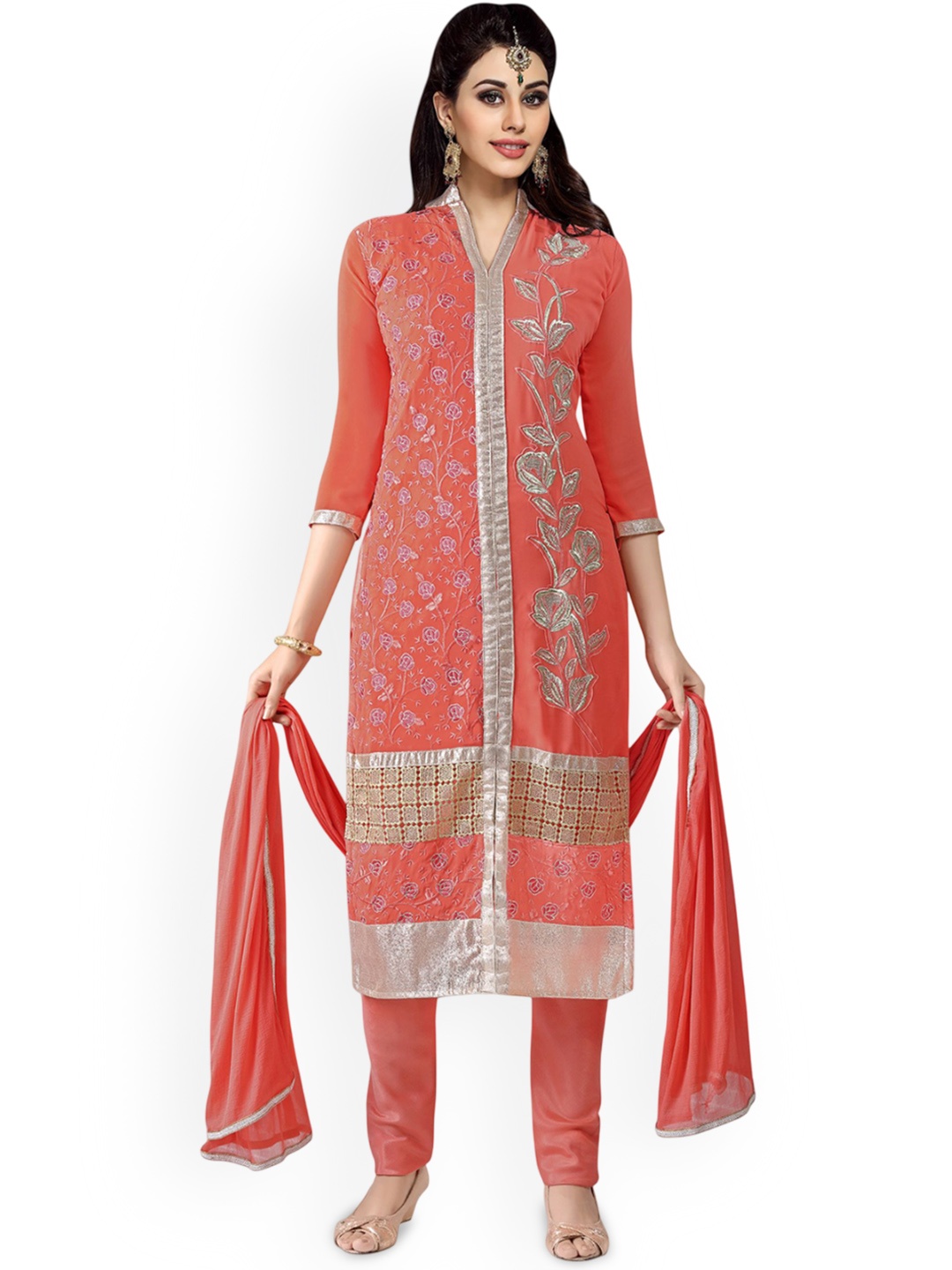 

HERE&NOW Floral Embroidered Georgette Unstitched Dress Material, Red