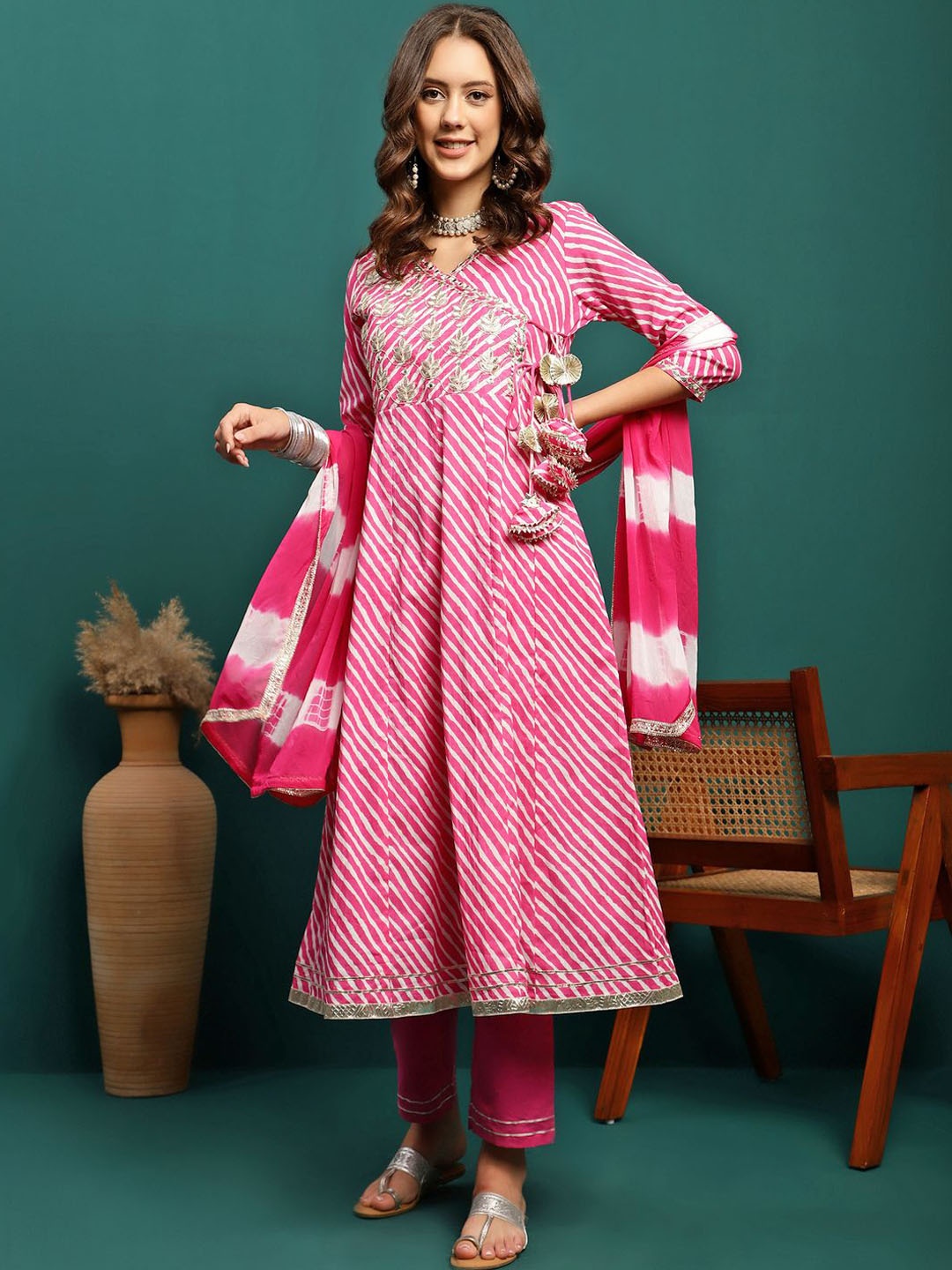 

Sangria Fuchsia Floral Embroidered V-Neck Angrakha Anarkali Kurta With Trouser & Dupatta