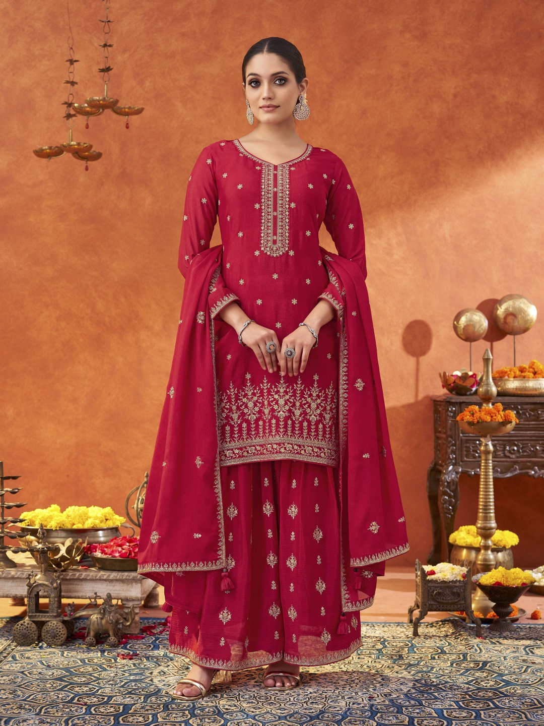 

Shaily Ethnic Motifs Embroidered Sequinned Straight Kurta with Sharara & Dupatta, Pink