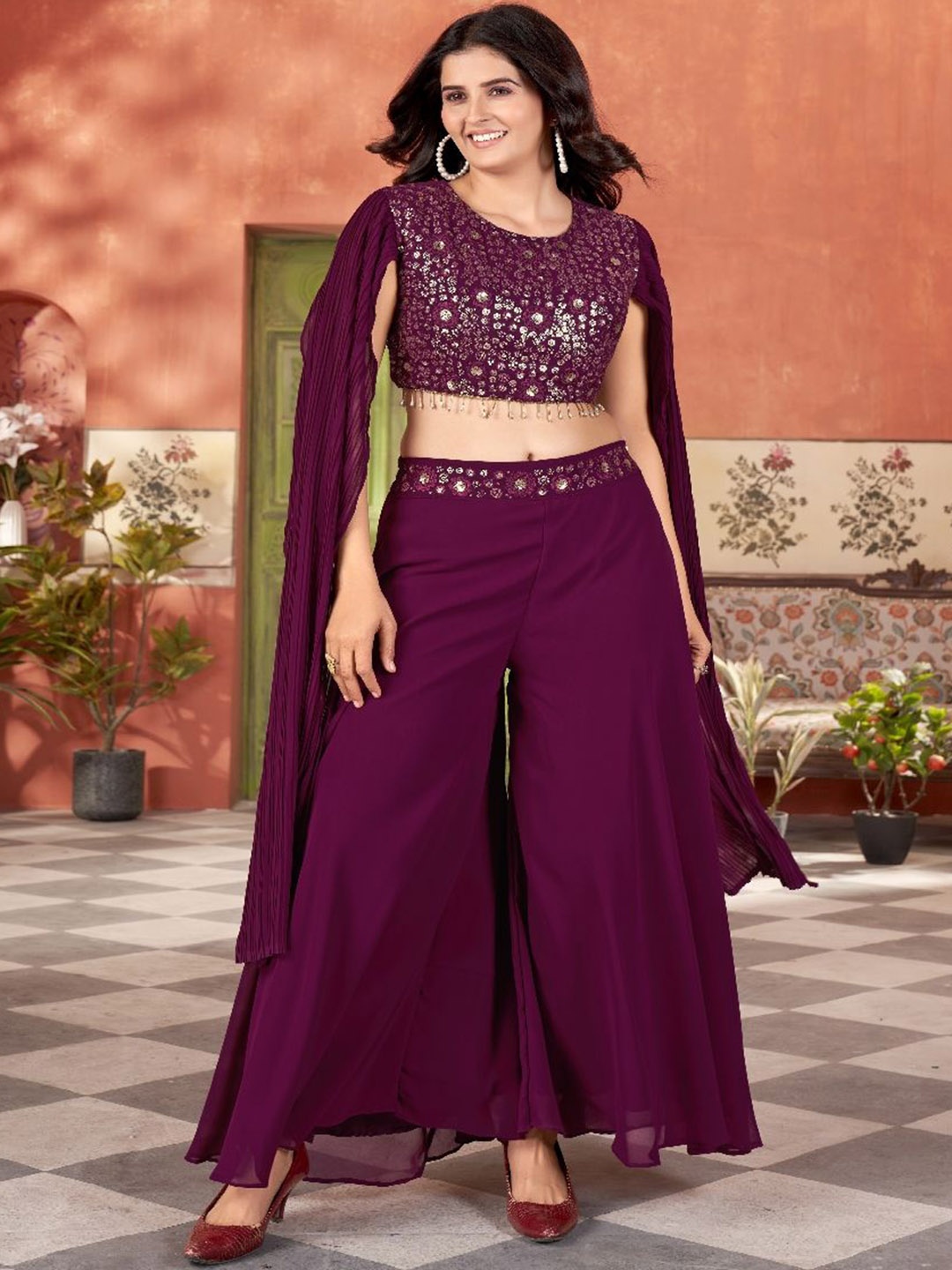 

VARNI FABRICS Embellished Round Neck Georgette Top With Palazzo, Purple