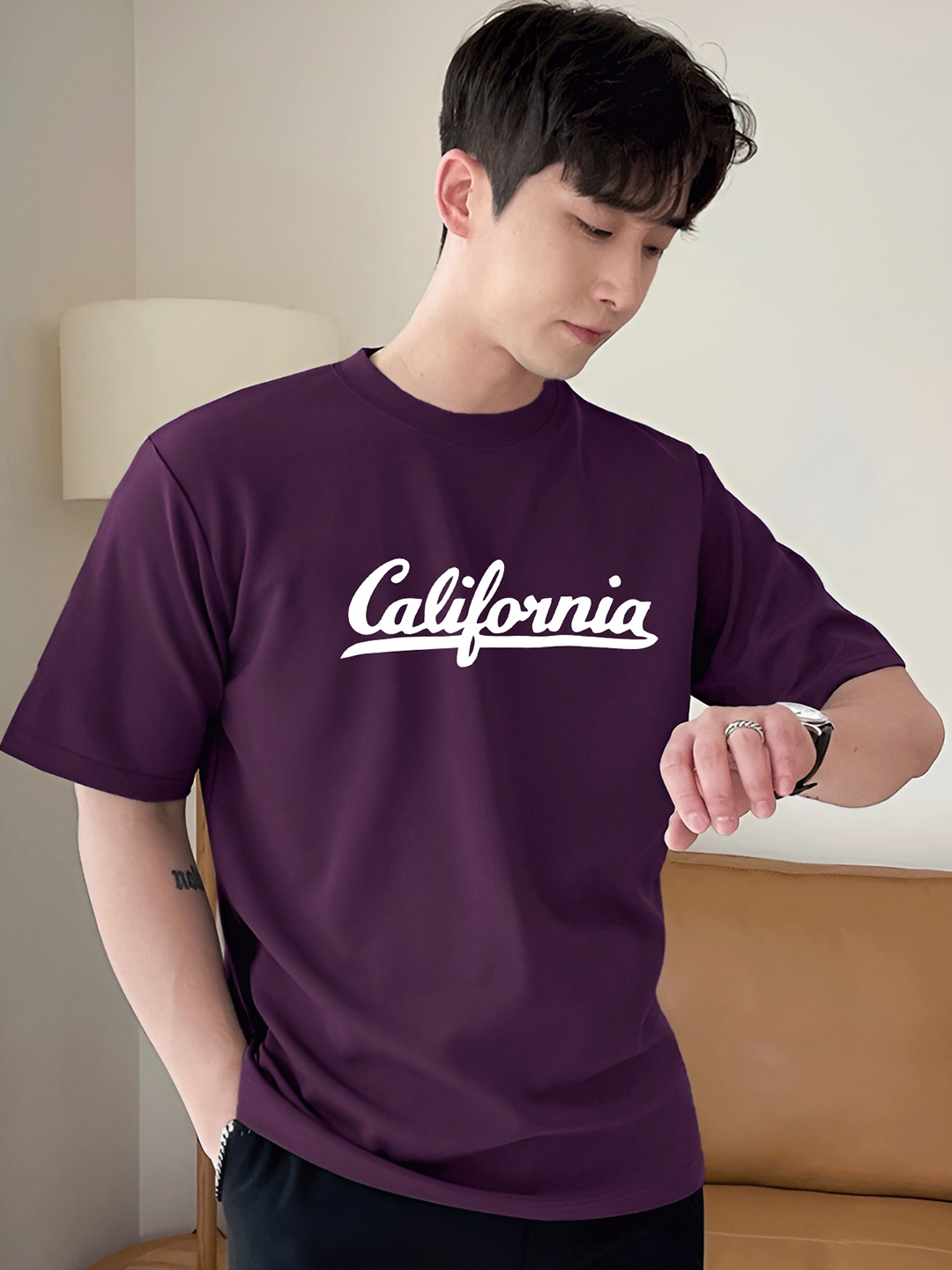 

madfrog Men Typography Printed Round Neck Cotton Oversized T-shirt, Purple