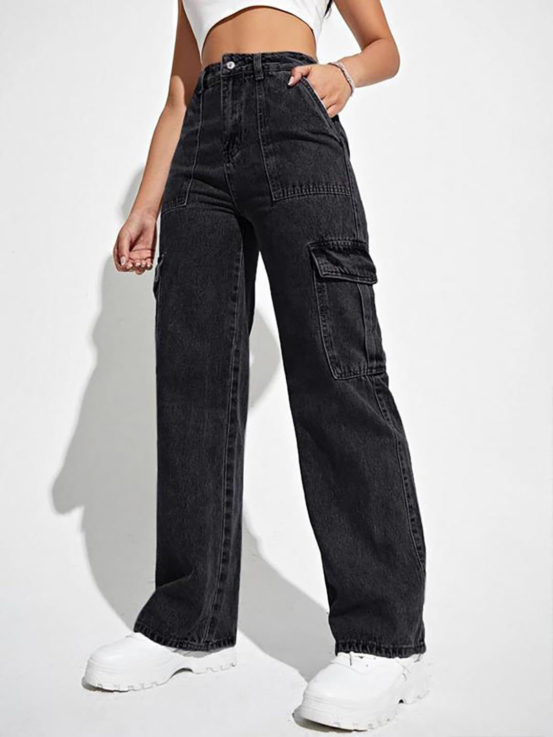 

DressBerry Women Comfort Wide Leg High-Rise Light Fade Acid Wash Stretchable Jeans, Black