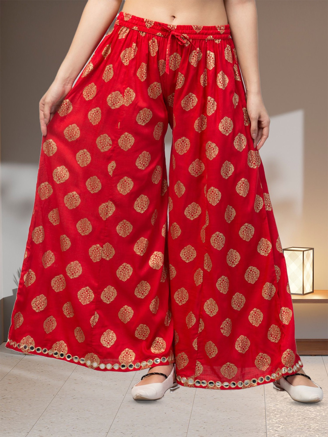 

FAMBEE Women Floral Printed Flared Knitted Palazzos, Red