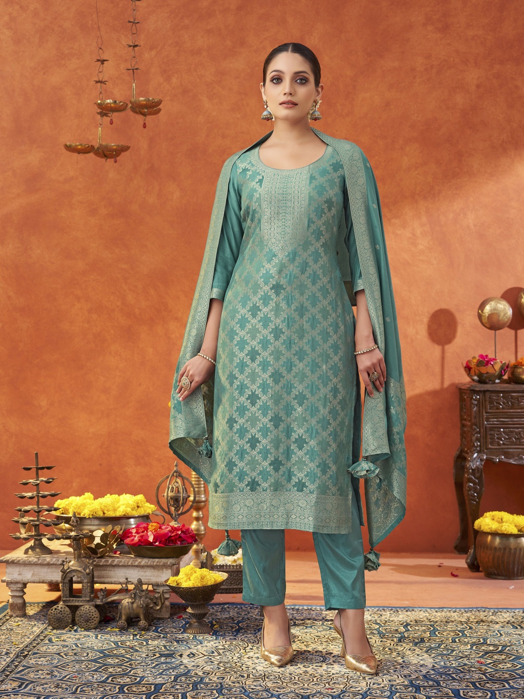 

Shaily Woven Design Jacquard Straight Kurta with Trouser & Dupatta, Blue