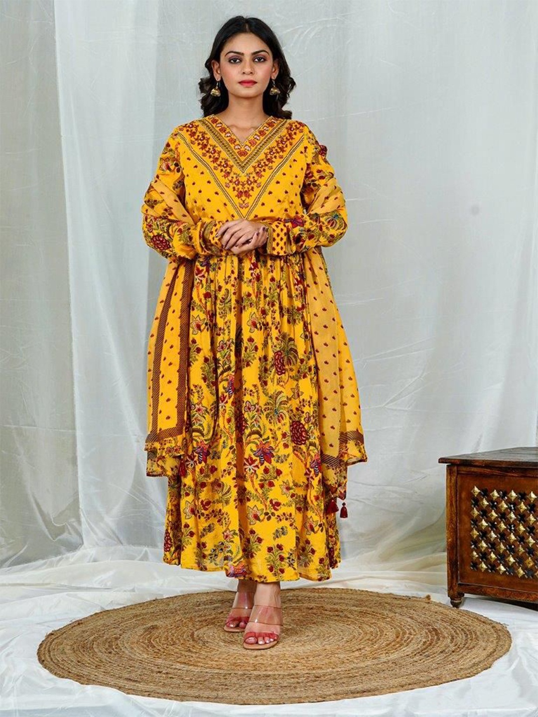 

EARTH O FAB Floral Print Chiffon Maxi Dress, Yellow